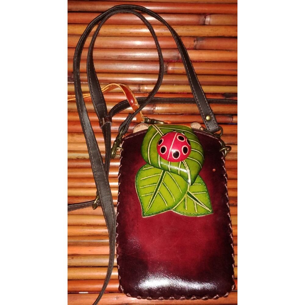 Vintage Handmade Leather Ladybug Crossbody Bag Boho Folk Art Purse - Picture 3 of 5